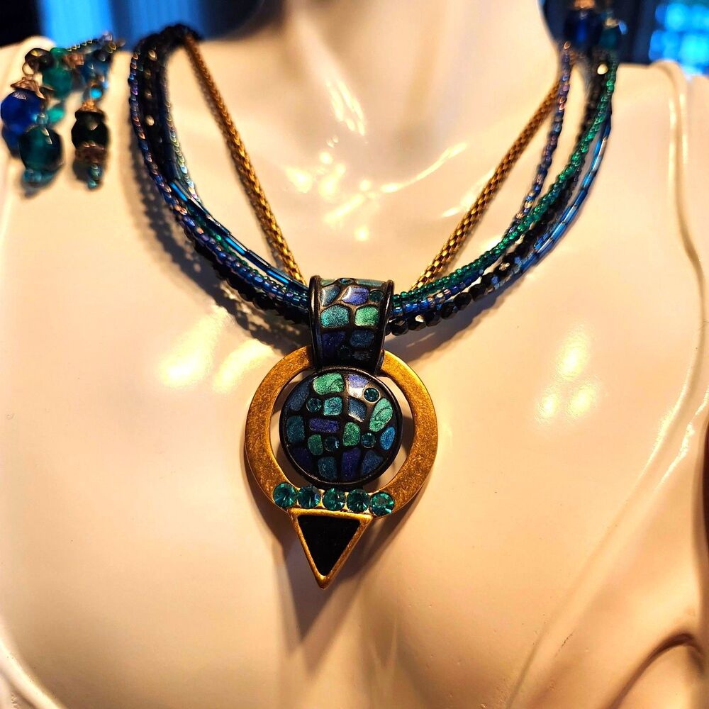 Chico's Turquoise Enameled Rhinestone Pendant Necklace & Earing Set